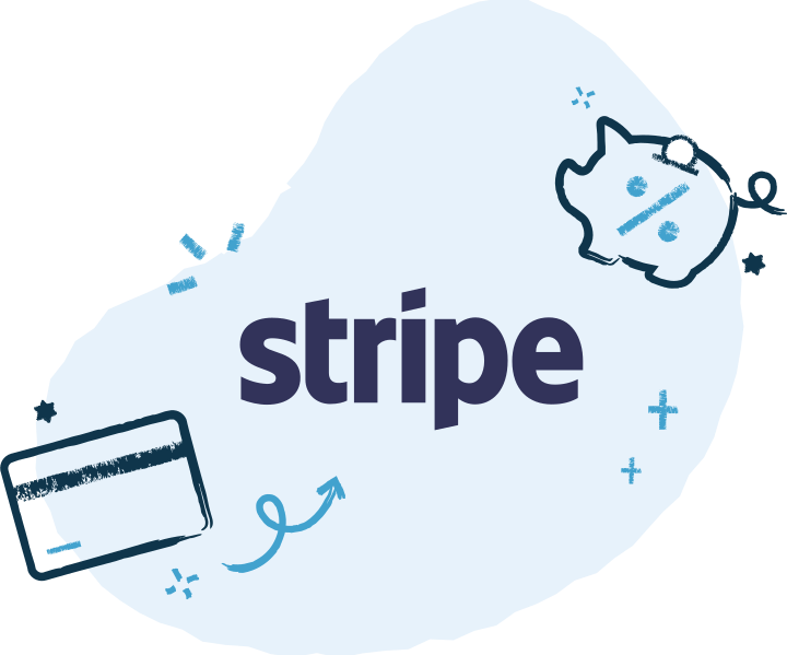 The Stripe logo, a credit card and piggy bank