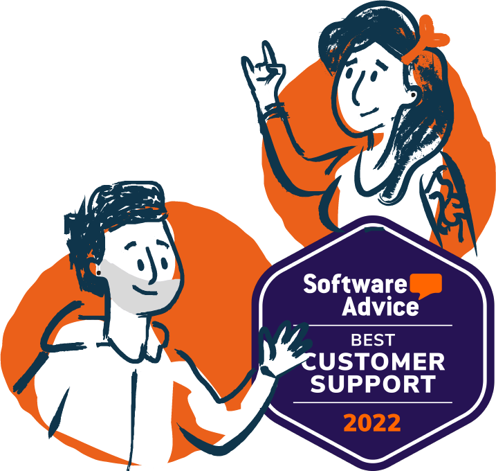 Two smiling team members with an award badge