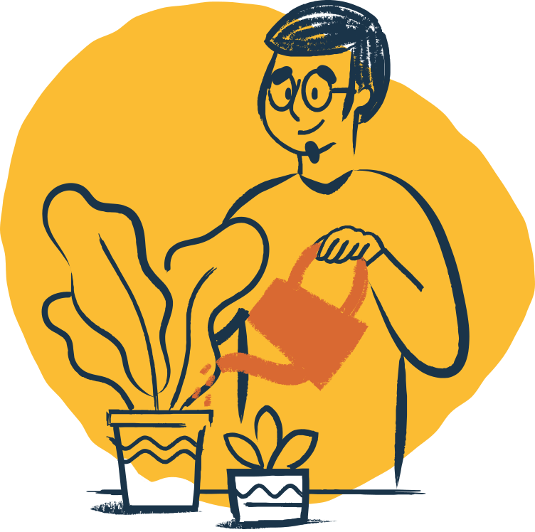 A person watering potted plants