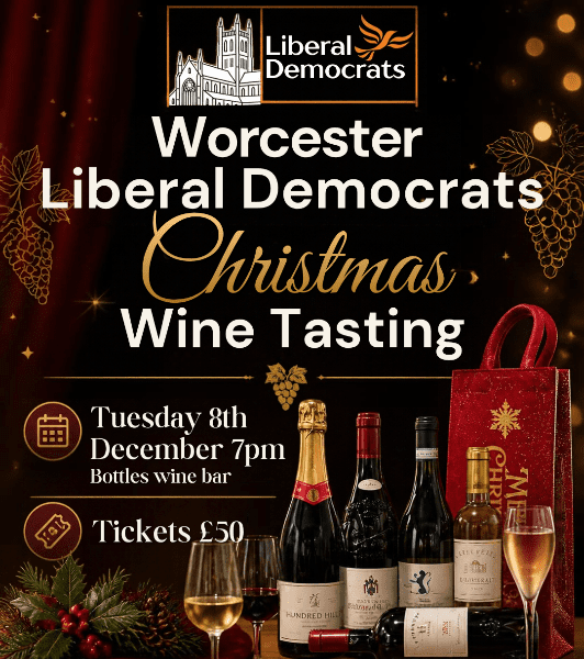Worcester Lib Dem's Christmas Wine Tasting Tues 8th December, 7pm, Bottles Wine Bar banner image